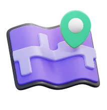 Ícone 3D de um mapa roxo com um marcador verde, simbolizando o crédito pessoal para realizar viagens e explorar o mundo com liberdade.